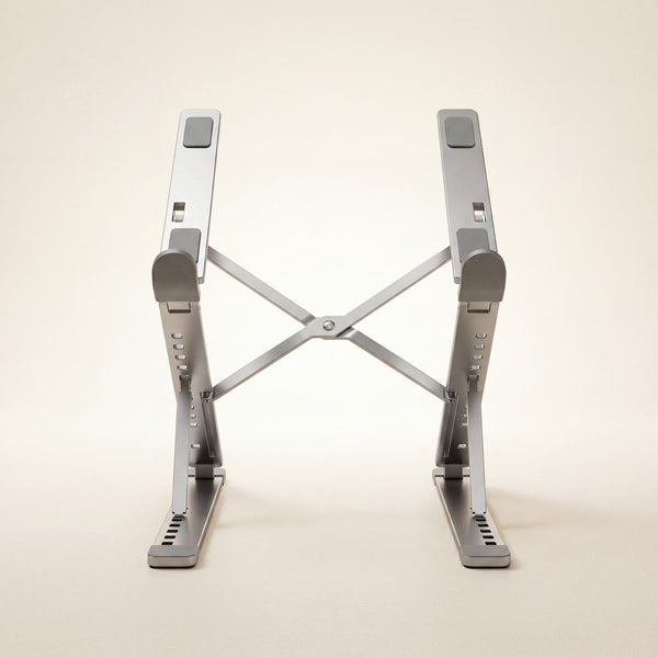 The Riser foldable aluminum laptop stand, front view on white background