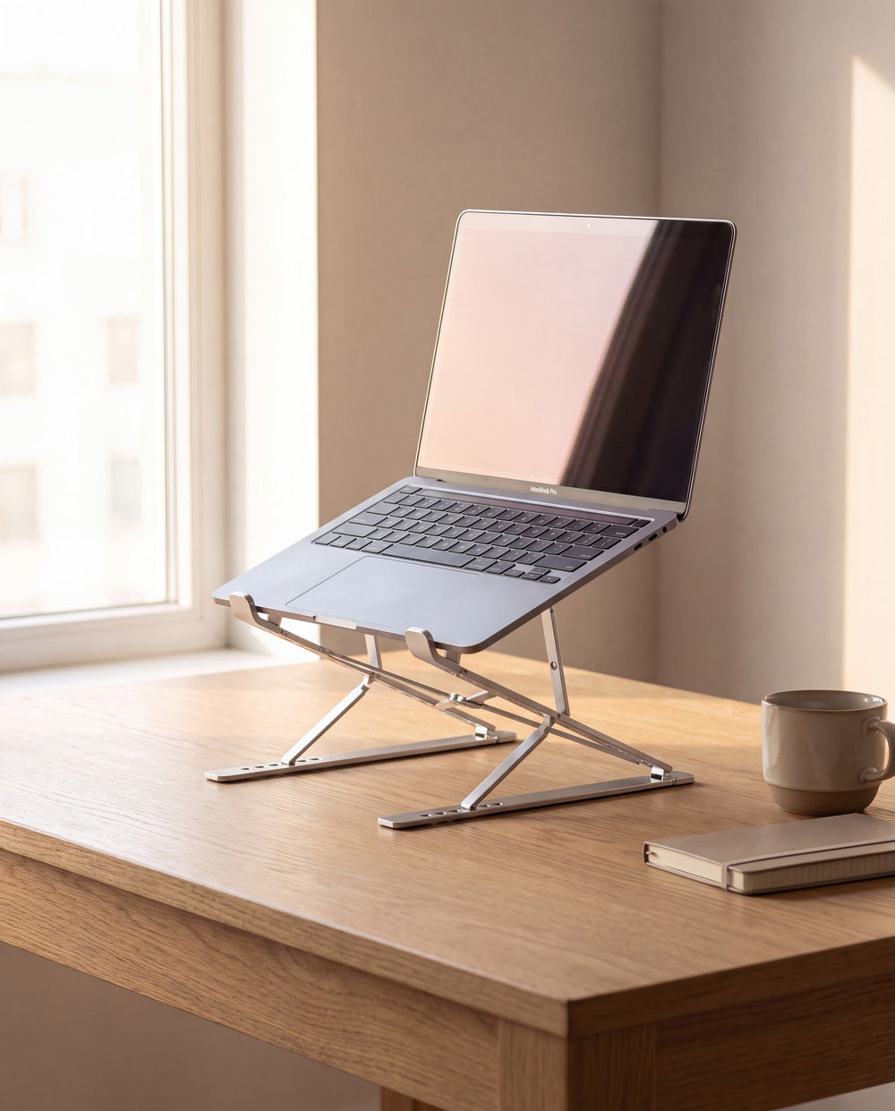 MacBook raised to eye level on The Riser laptop stand on a minimal wooden desk